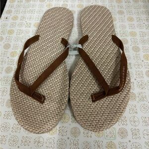 Brown and Tan Straw Flip Flops